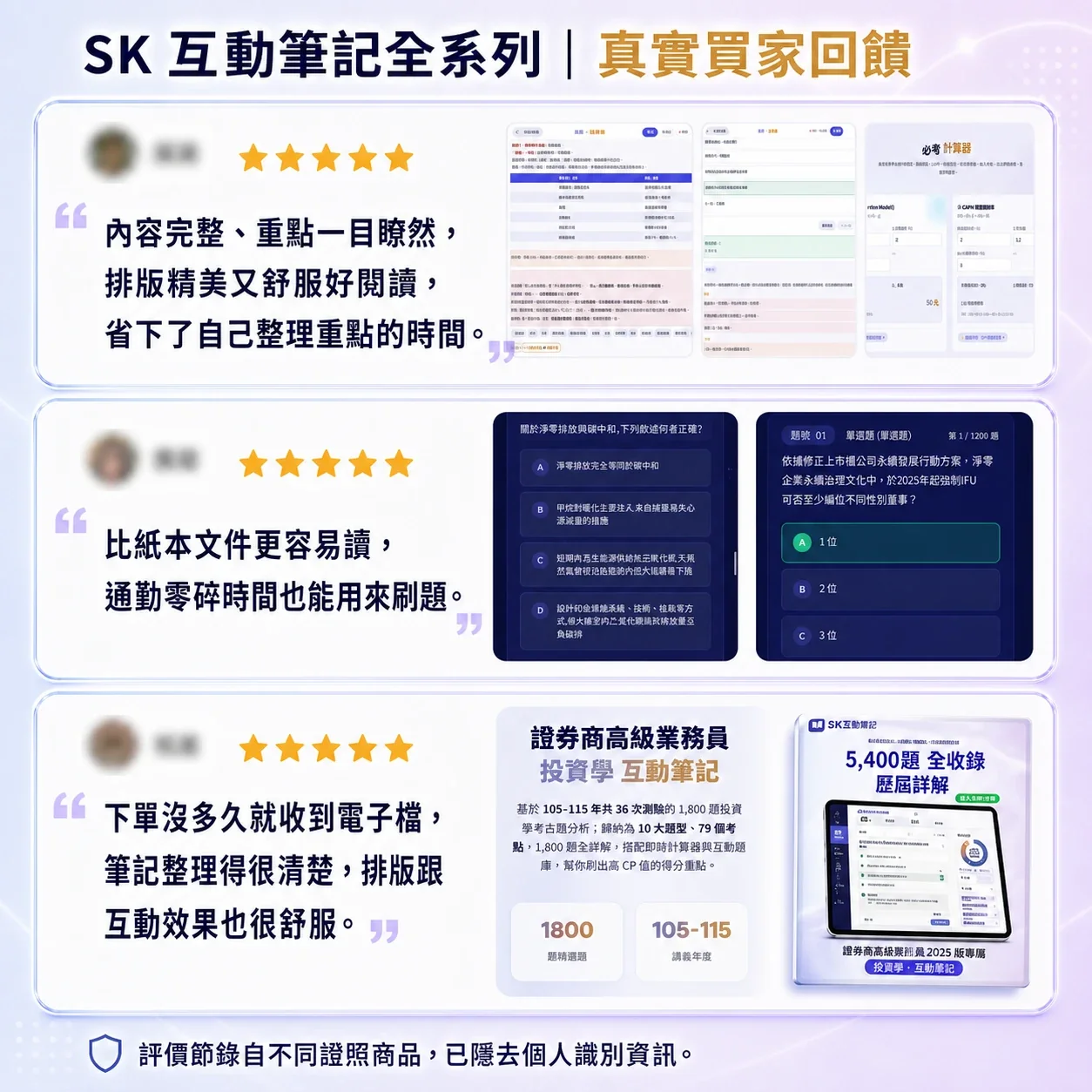 三則買家評價與互動筆記實際畫面,內容提到排版好閱讀、通勤可以刷題與收到商品後使用方便